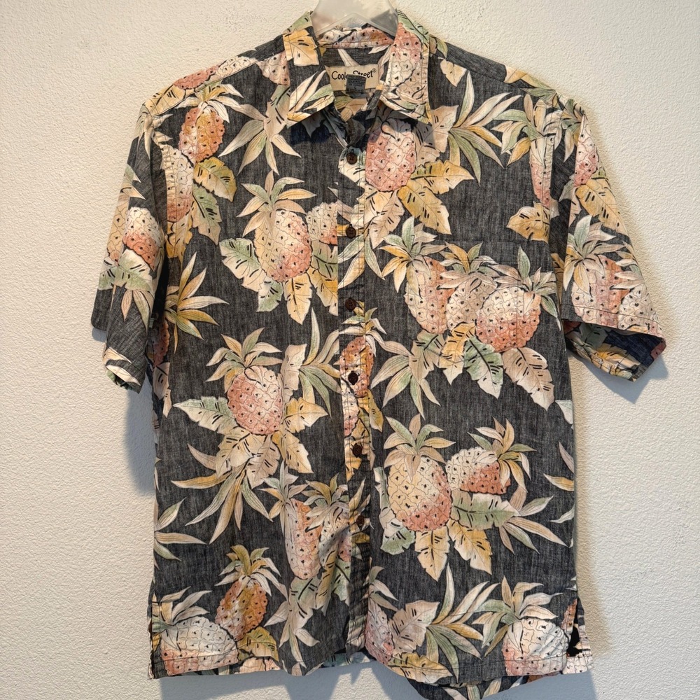 Cooke Street Honolulu Mens Large Pineapple Tropical Cotton Aloha Shirt Charcoal